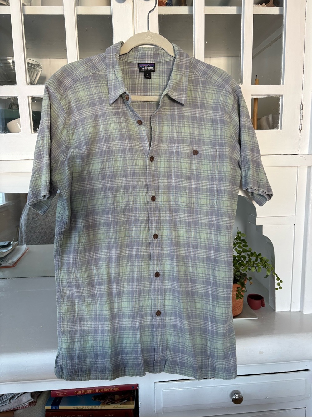 Patagonia Men’s Short-Sleeve Plaid Button-Down — Light Green & Lavender